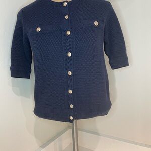 Ann Taylor Navy Textured Short Sleeve Cardigan – Gold Buttons – Classic Chic